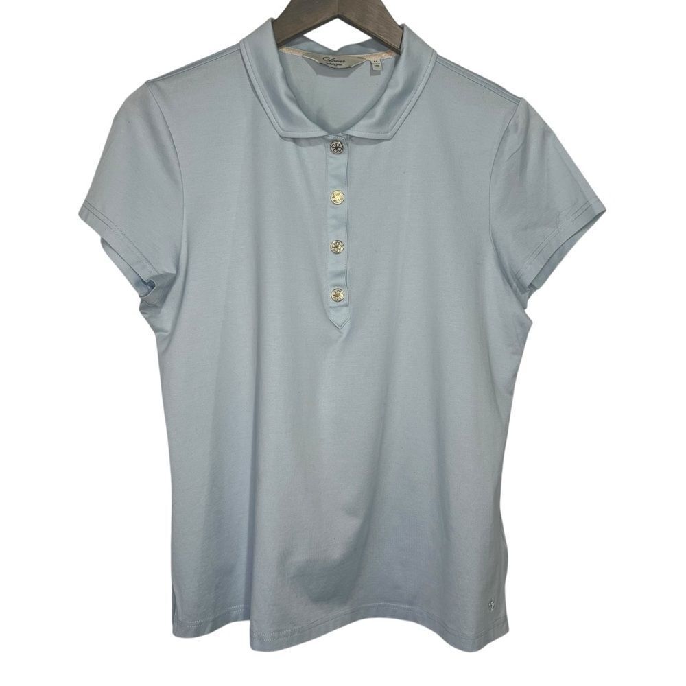 Clover by Bobby Jones Golf Polo Shirt Womens Medium Sky Blue Gold Enamel Snaps